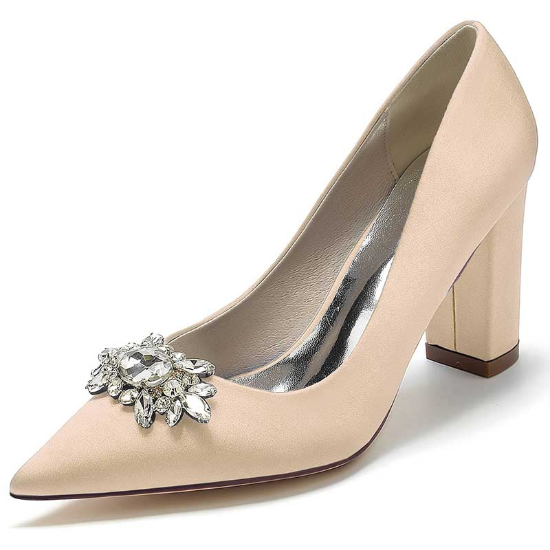 3.35" Satin Formal Shoes Block Heel Wedding Shoes With Rhinestones