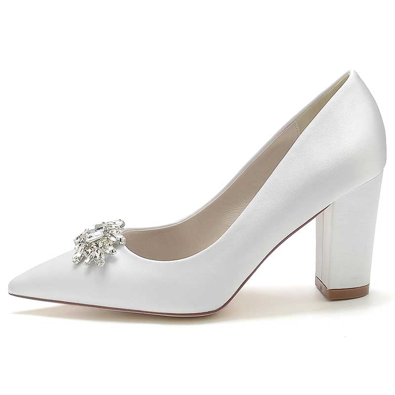 3.35" Satin Formal Shoes Block Heel Wedding Shoes With Rhinestones
