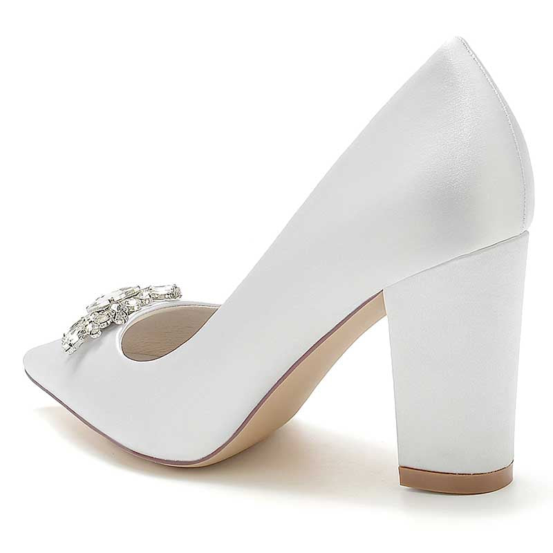3.35" Satin Formal Shoes Block Heel Wedding Shoes With Rhinestones