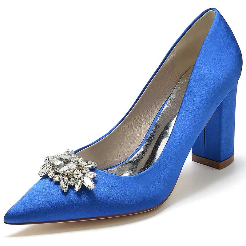 3.35" Satin Formal Shoes Block Heel Wedding Shoes With Rhinestones