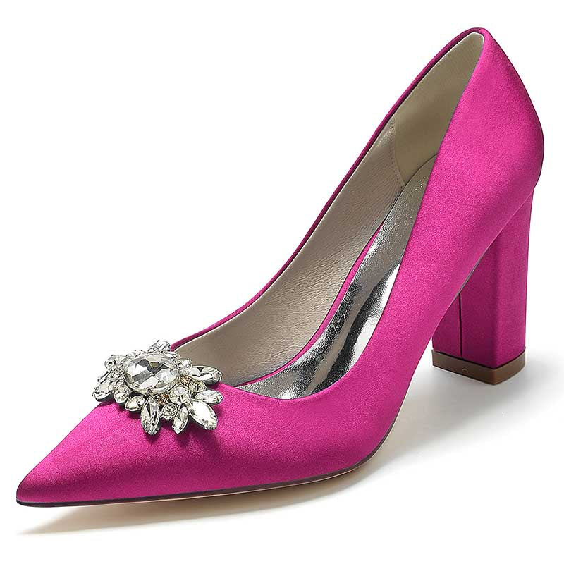 3.35" Satin Formal Shoes Block Heel Wedding Shoes With Rhinestones