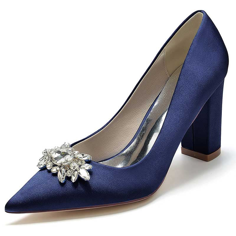 3.35" Satin Formal Shoes Block Heel Wedding Shoes With Rhinestones