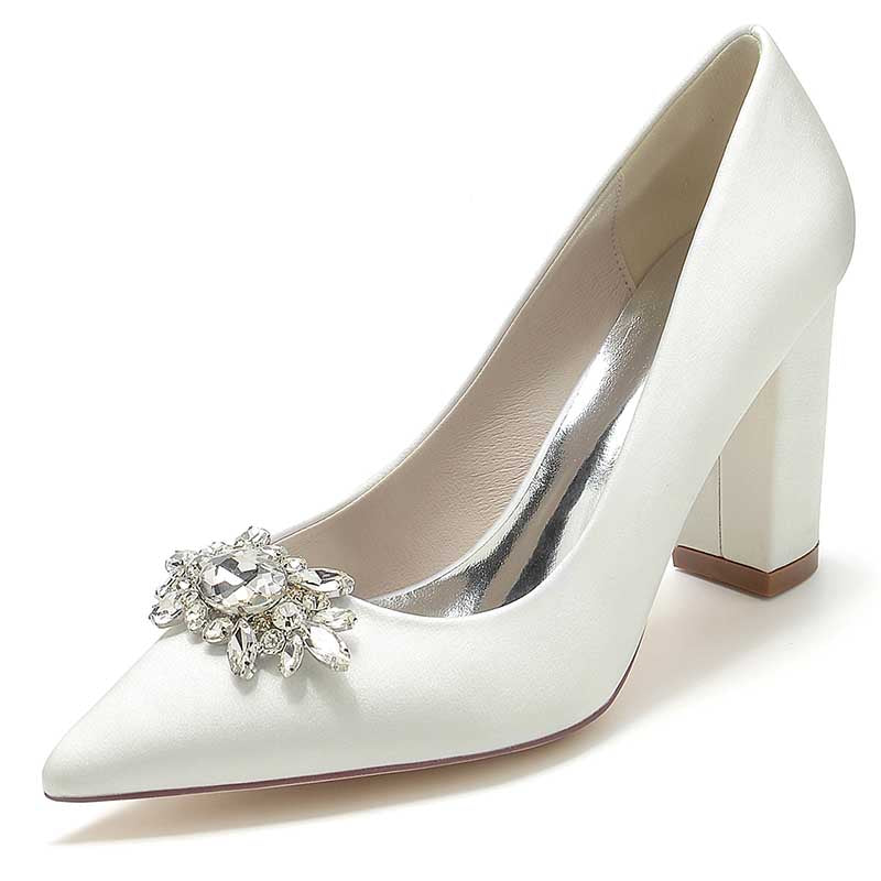 3.35" Satin Formal Shoes Block Heel Wedding Shoes With Rhinestones