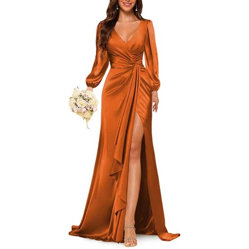 Satin Long Bridesmaid Dresses Long Sleeve Formal Gowns Evening Dresses
