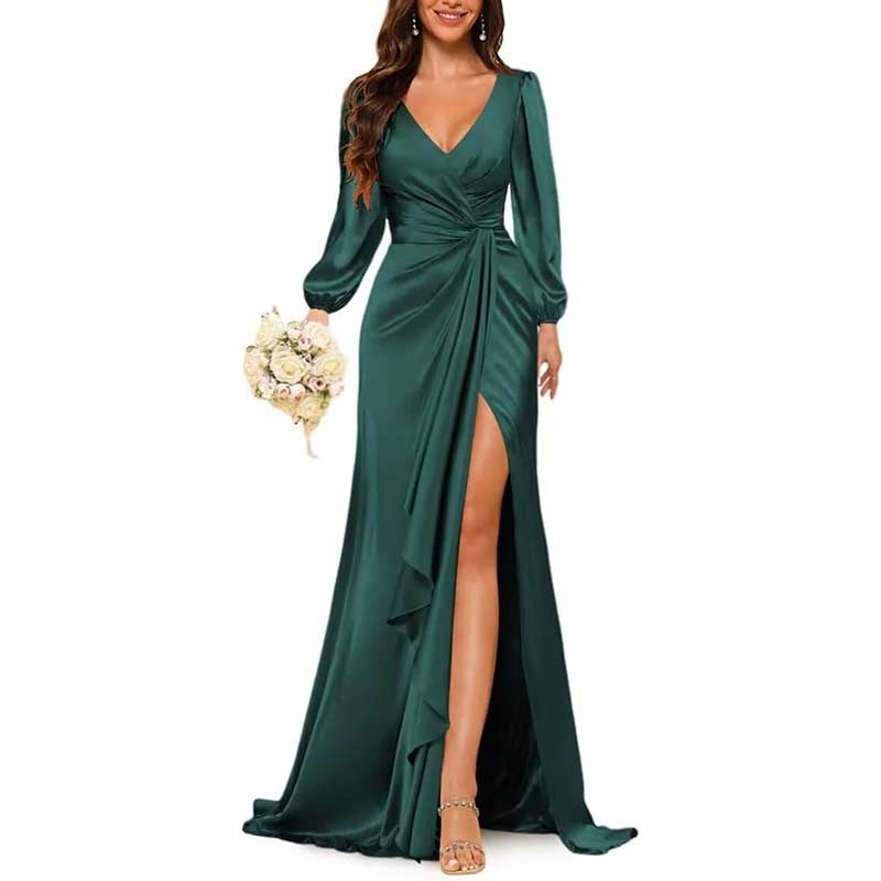 Satin Long Bridesmaid Dresses Long Sleeve Formal Gowns Evening Dresses