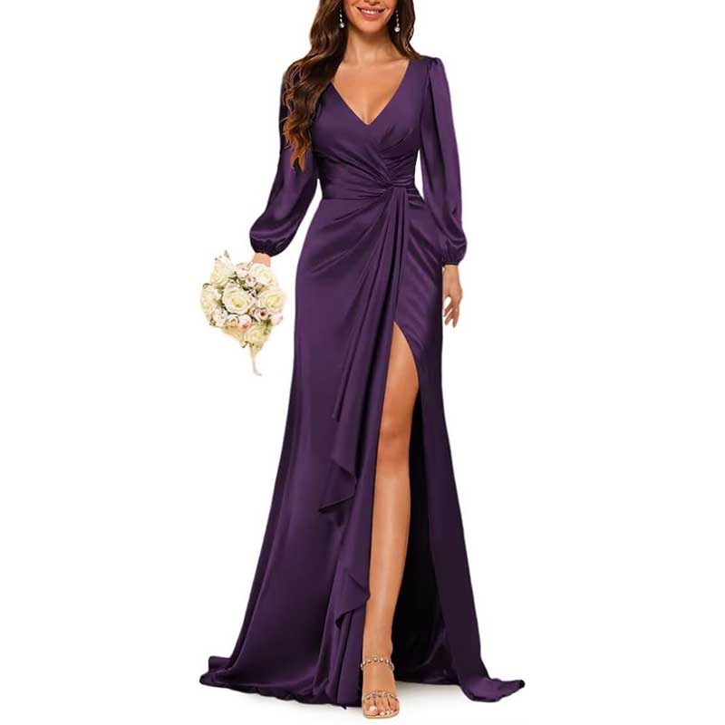 Satin Long Bridesmaid Dresses Long Sleeve Formal Gowns Evening Dresses