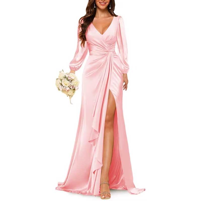 Satin Long Bridesmaid Dresses Long Sleeve Formal Gowns Evening Dresses