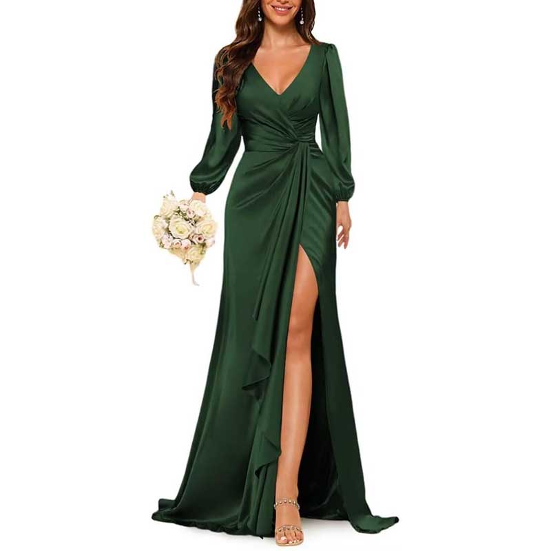 Satin Long Bridesmaid Dresses Long Sleeve Formal Gowns Evening Dresses