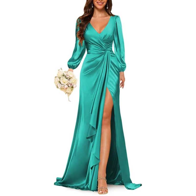 Satin Long Bridesmaid Dresses Long Sleeve Formal Gowns Evening Dresses