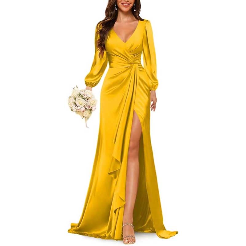 Satin Long Bridesmaid Dresses Long Sleeve Formal Gowns Evening Dresses