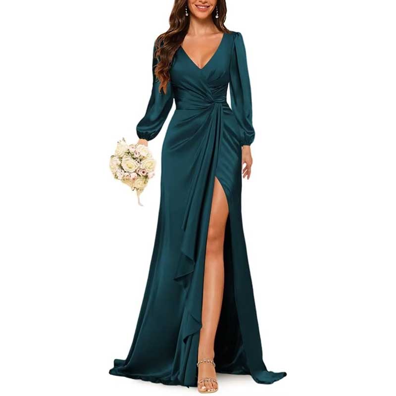 Satin Long Bridesmaid Dresses Long Sleeve Formal Gowns Evening Dresses