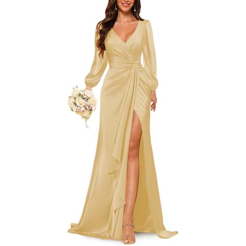 Satin Long Bridesmaid Dresses Long Sleeve Formal Gowns Evening Dresses