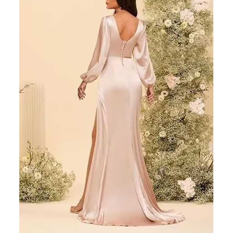 Satin Long Bridesmaid Dresses Long Sleeve Formal Gowns Evening Dresses
