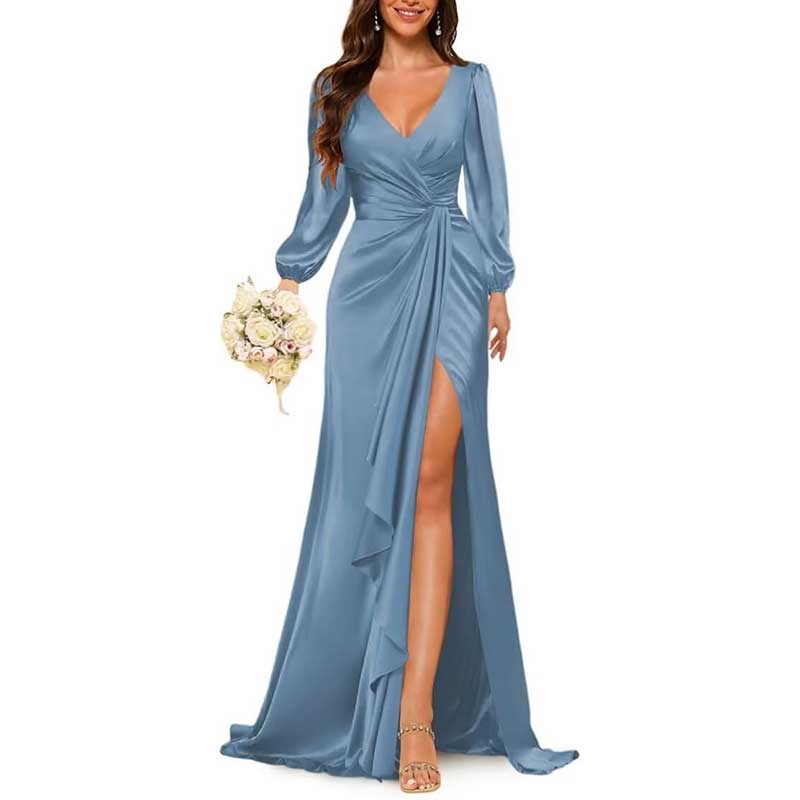 Satin Long Bridesmaid Dresses Long Sleeve Formal Gowns Evening Dresses