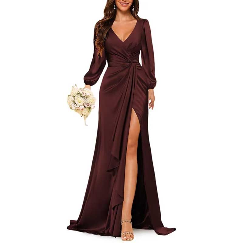 Satin Long Bridesmaid Dresses Long Sleeve Formal Gowns Evening Dresses