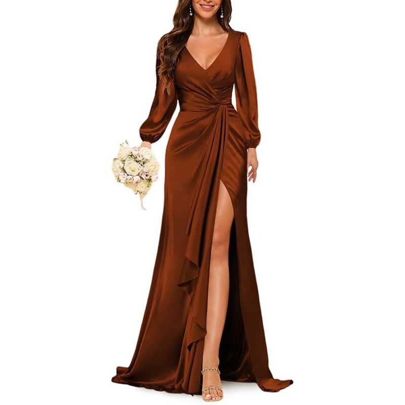 Satin Long Bridesmaid Dresses Long Sleeve Formal Gowns Evening Dresses