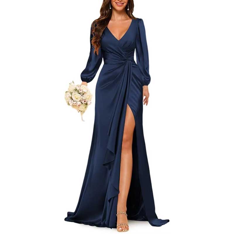 Satin Long Bridesmaid Dresses Long Sleeve Formal Gowns Evening Dresses
