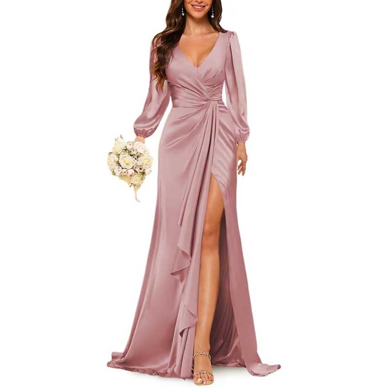 Satin Long Bridesmaid Dresses Long Sleeve Formal Gowns Evening Dresses
