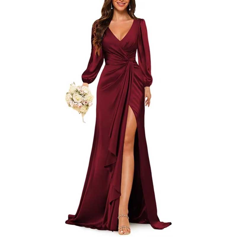 Satin Long Bridesmaid Dresses Long Sleeve Formal Gowns Evening Dresses