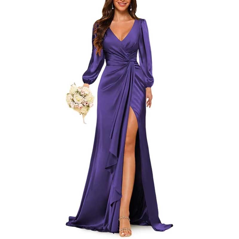 Satin Long Bridesmaid Dresses Long Sleeve Formal Gowns Evening Dresses