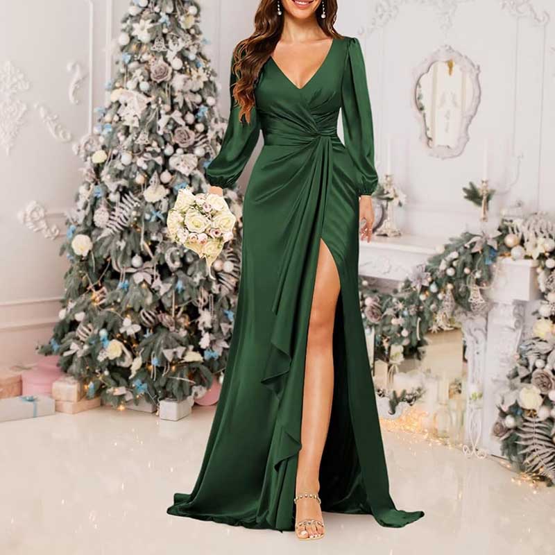 Satin Long Bridesmaid Dresses Long Sleeve Formal Gowns Evening Dresses