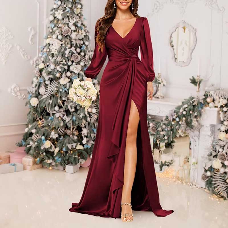 Satin Long Bridesmaid Dresses Long Sleeve Formal Gowns Evening Dresses