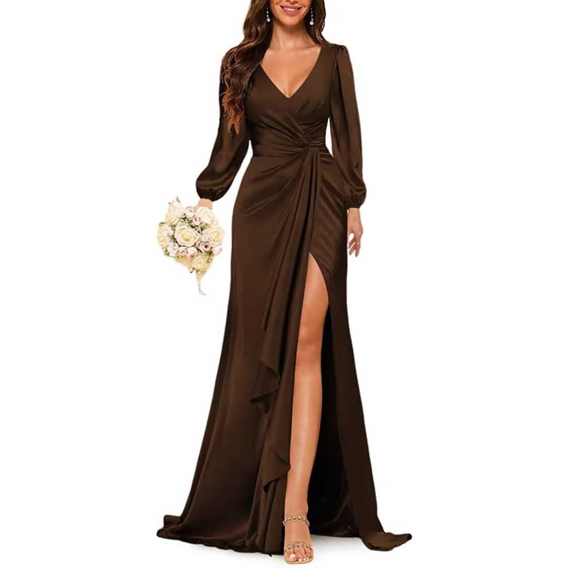 Satin Long Bridesmaid Dresses Long Sleeve Formal Gowns Evening Dresses