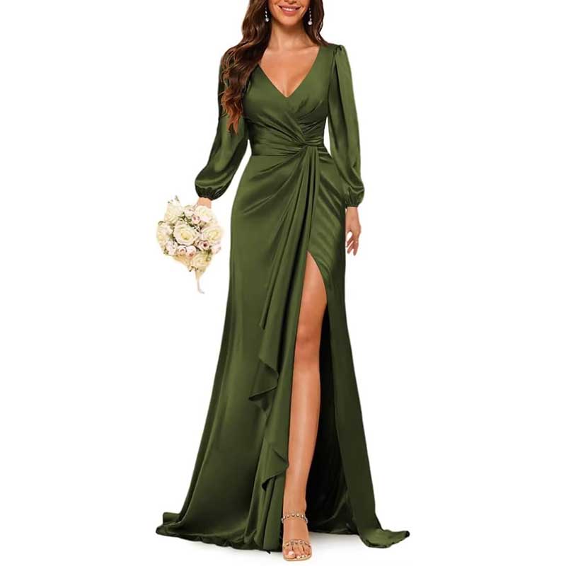 Satin Long Bridesmaid Dresses Long Sleeve Formal Gowns Evening Dresses