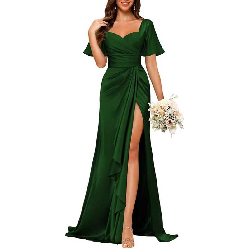 Satin Long Bridesmaid Dresses Short Sleeve Formal Gowns A-Line Prom Dresses