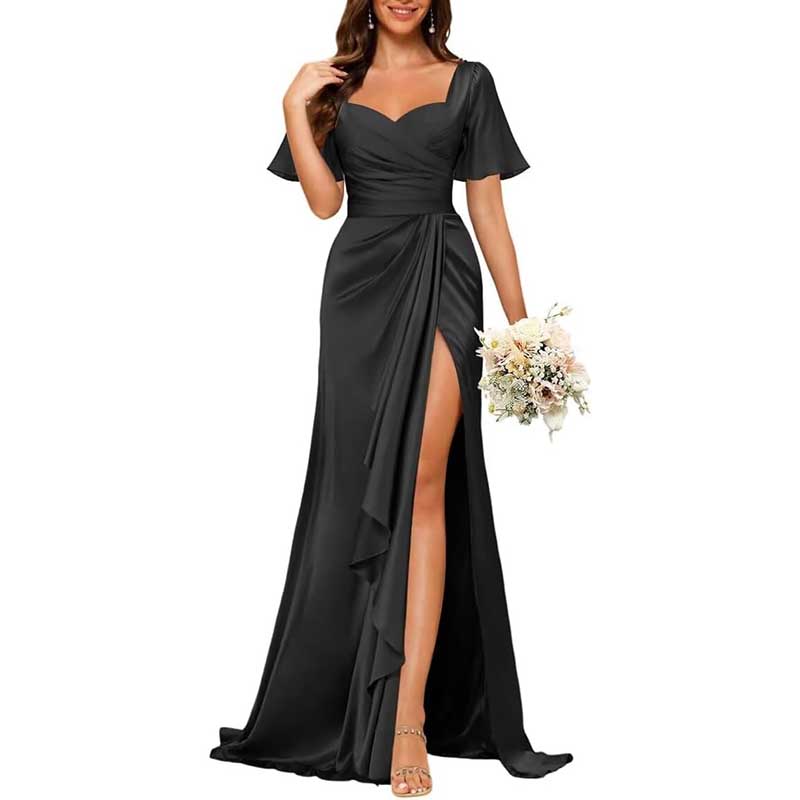 Satin Long Bridesmaid Dresses Short Sleeve Formal Gowns A-Line Prom Dresses