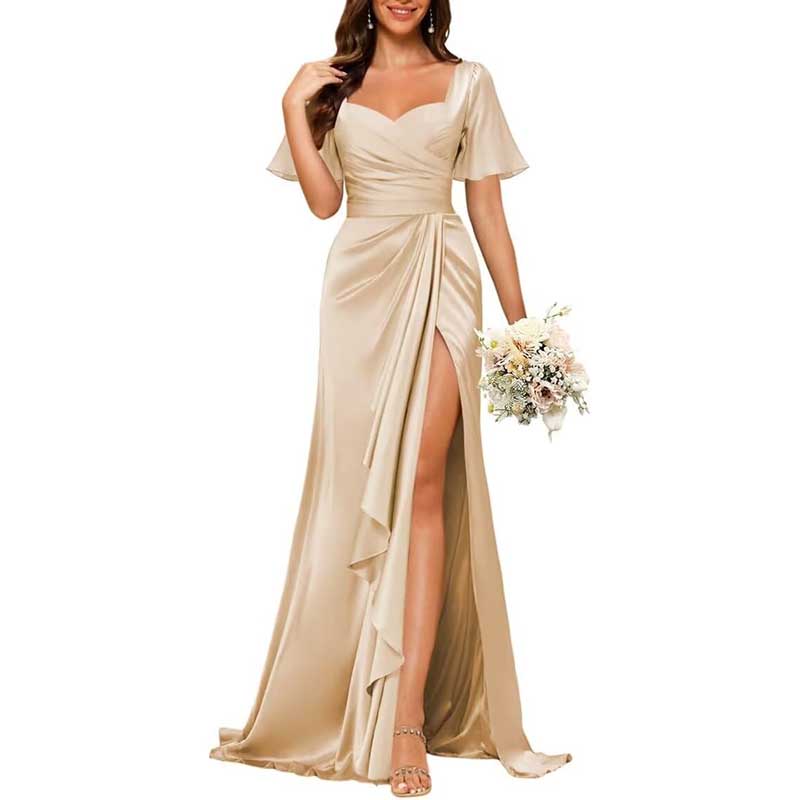Satin Long Bridesmaid Dresses Short Sleeve Formal Gowns A-Line Prom Dresses