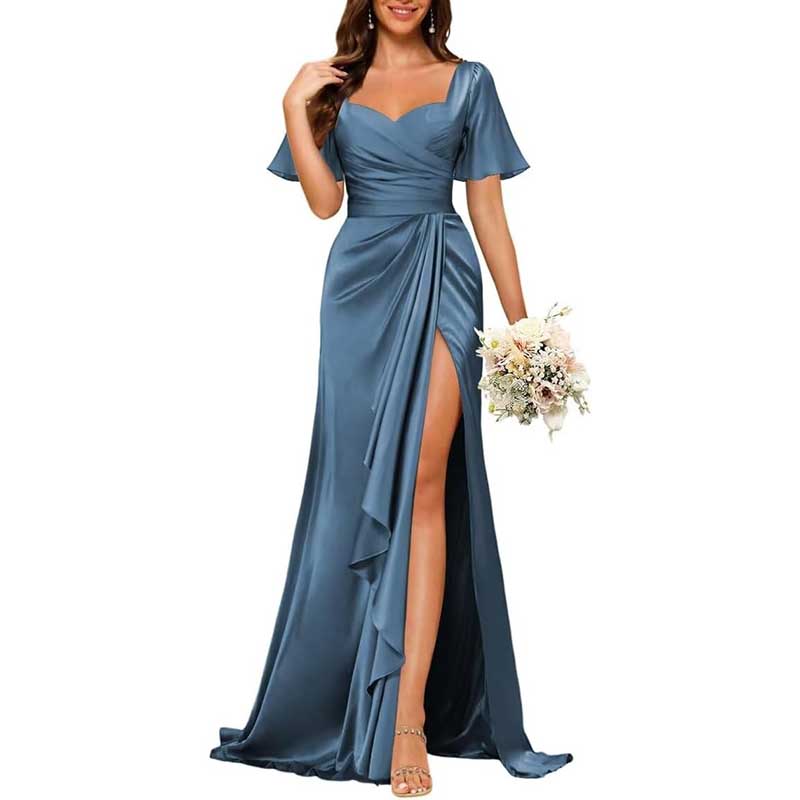 Satin Long Bridesmaid Dresses Short Sleeve Formal Gowns A-Line Prom Dresses