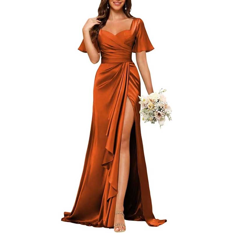 Satin Long Bridesmaid Dresses Short Sleeve Formal Gowns A-Line Prom Dresses