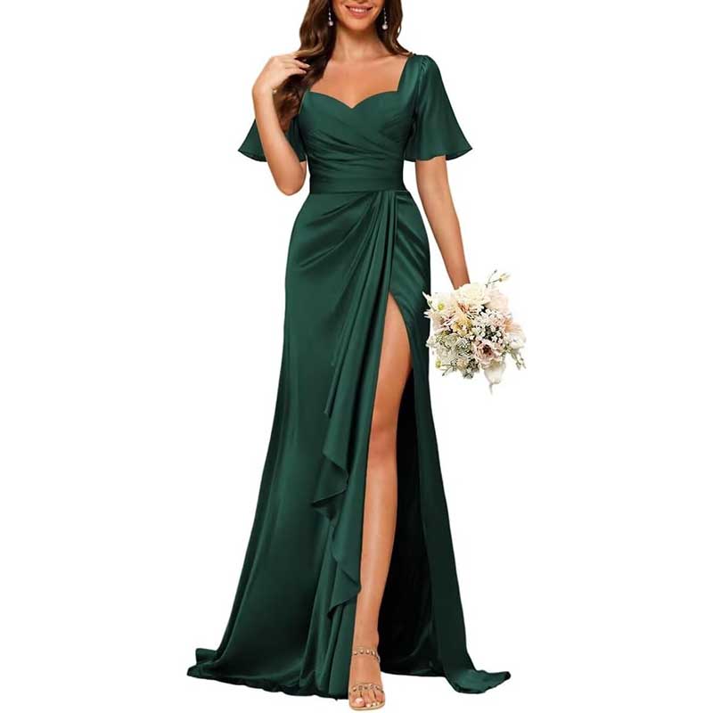 Satin Long Bridesmaid Dresses Short Sleeve Formal Gowns A-Line Prom Dresses