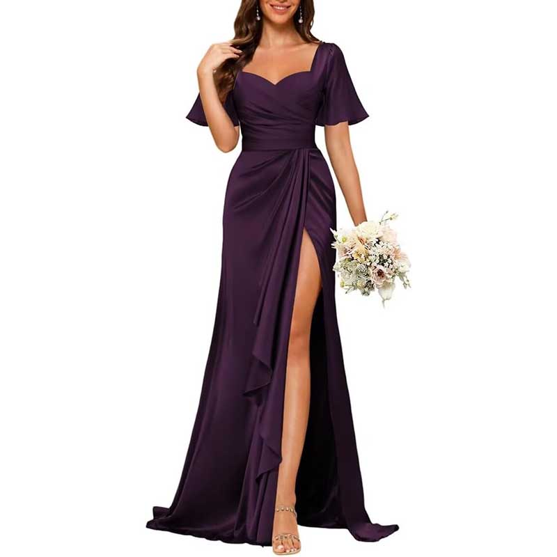 Satin Long Bridesmaid Dresses Short Sleeve Formal Gowns A-Line Prom Dresses