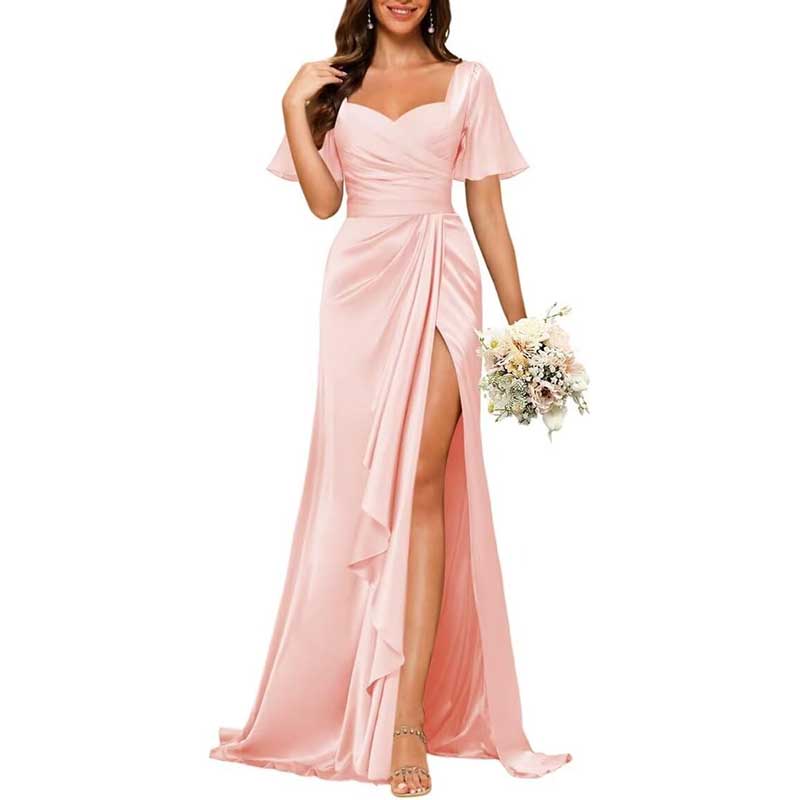 Satin Long Bridesmaid Dresses Short Sleeve Formal Gowns A-Line Prom Dresses