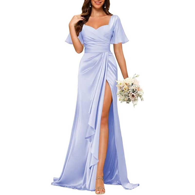 Satin Long Bridesmaid Dresses Short Sleeve Formal Gowns A-Line Prom Dresses