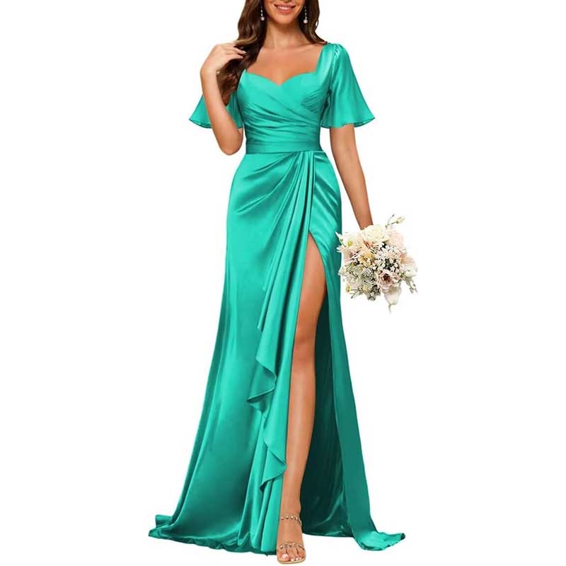 Satin Long Bridesmaid Dresses Short Sleeve Formal Gowns A-Line Prom Dresses