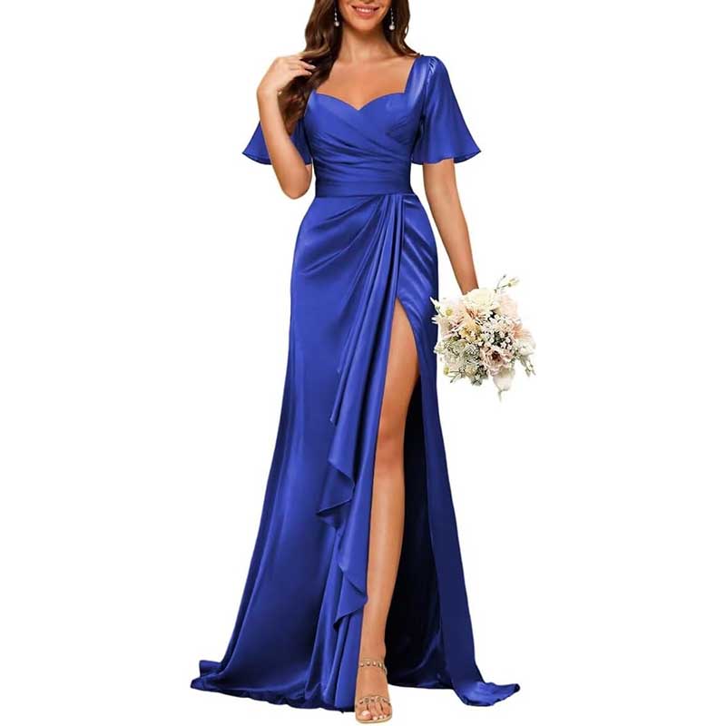 Satin Long Bridesmaid Dresses Short Sleeve Formal Gowns A-Line Prom Dresses