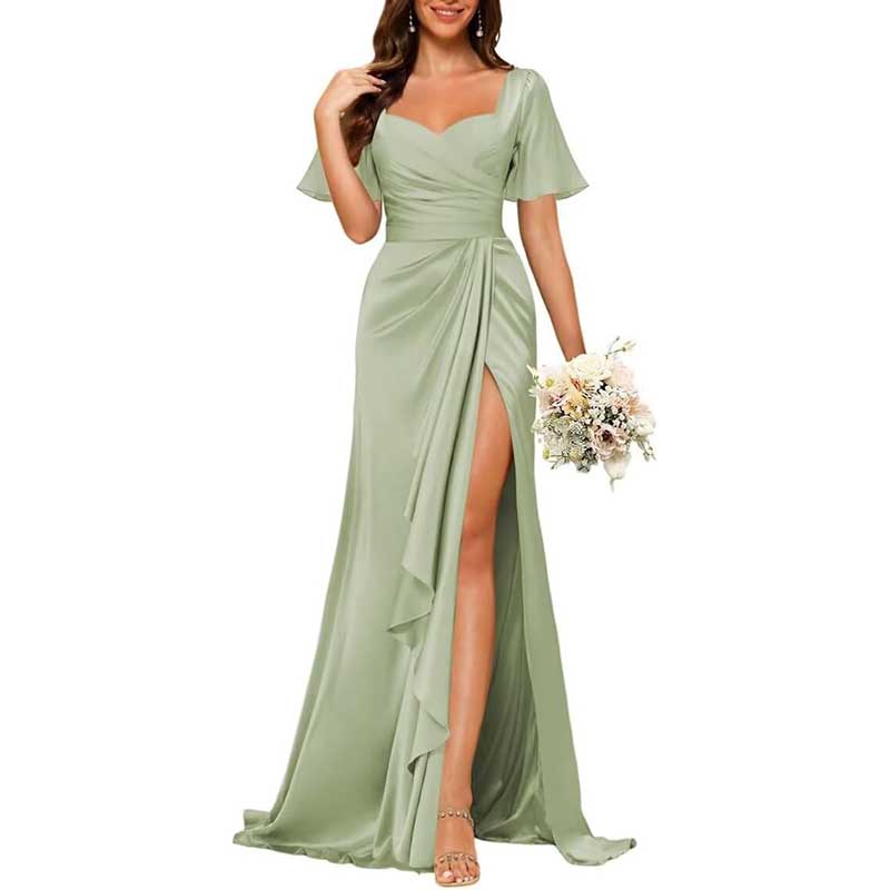 Satin Long Bridesmaid Dresses Short Sleeve Formal Gowns A-Line Prom Dresses