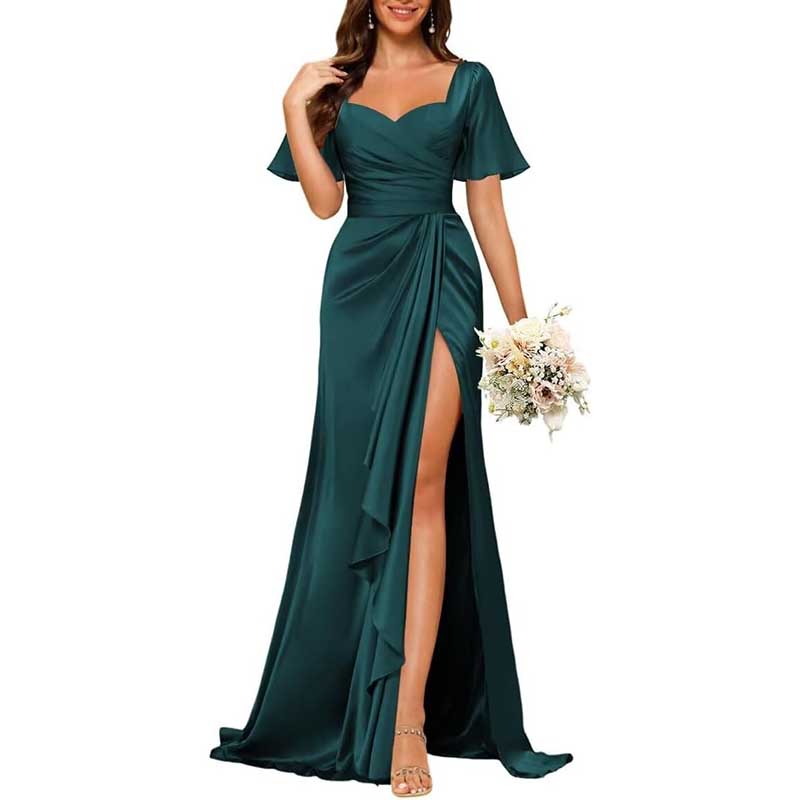 Satin Long Bridesmaid Dresses Short Sleeve Formal Gowns A-Line Prom Dresses