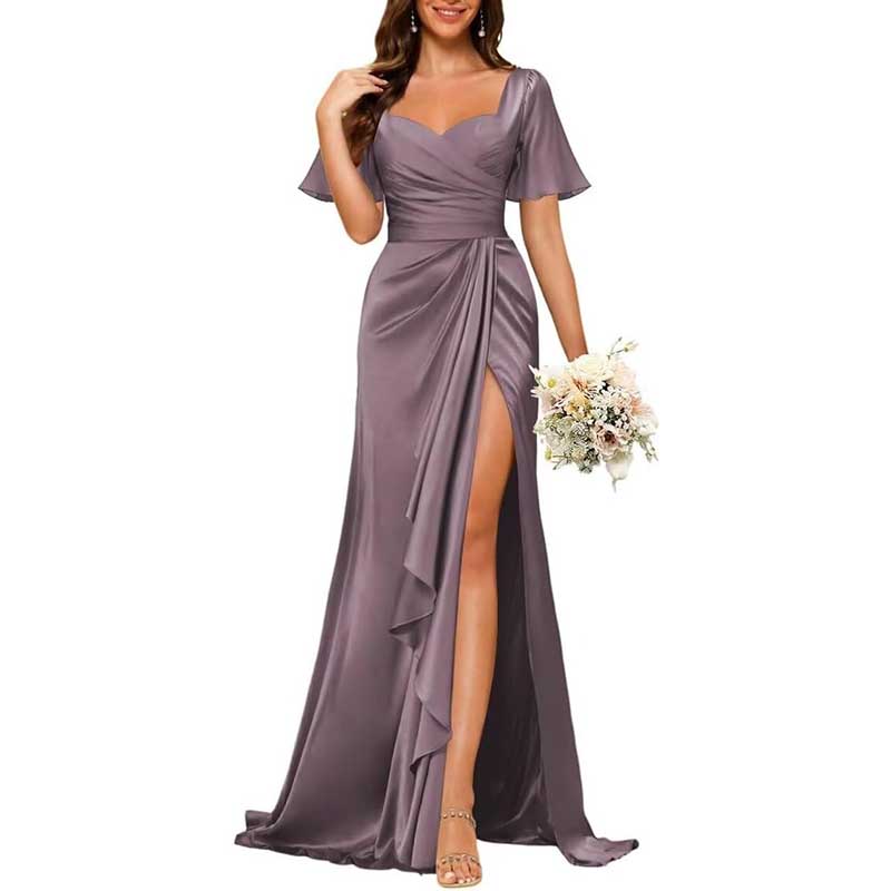 Satin Long Bridesmaid Dresses Short Sleeve Formal Gowns A-Line Prom Dresses