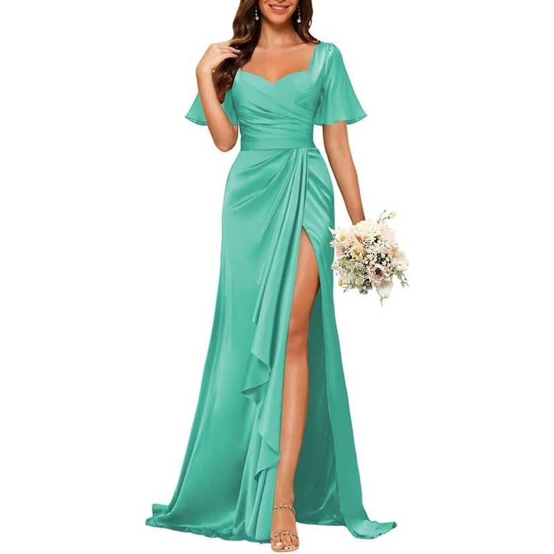 Satin Long Bridesmaid Dresses Short Sleeve Formal Gowns A-Line Prom Dresses
