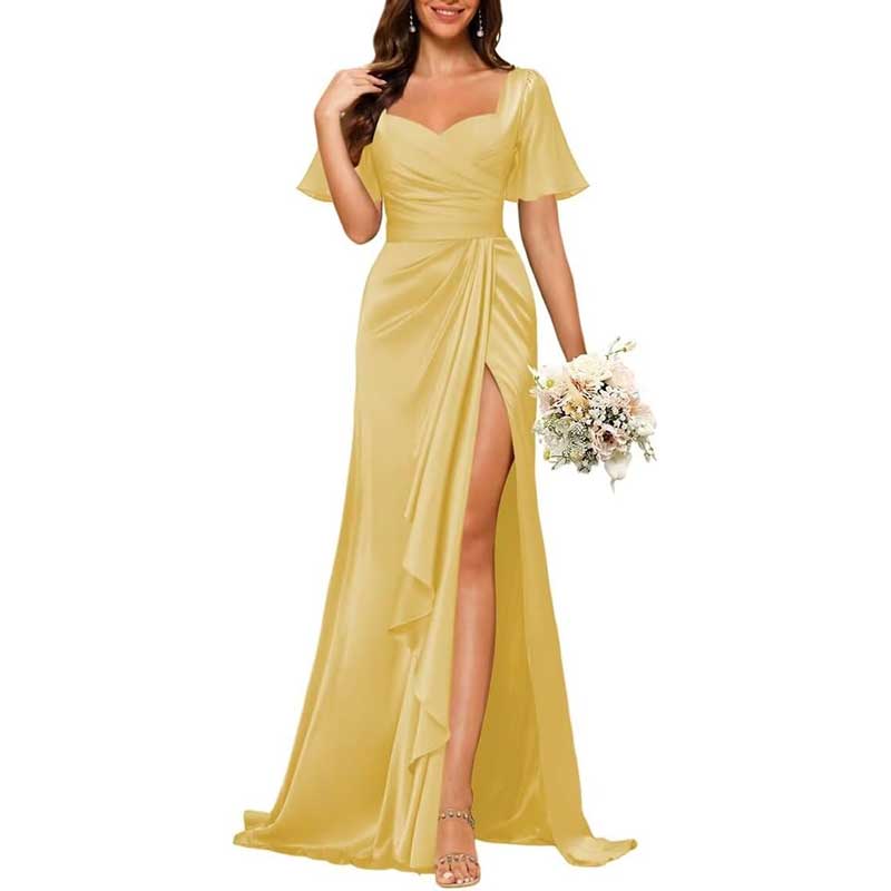 Satin Long Bridesmaid Dresses Short Sleeve Formal Gowns A-Line Prom Dresses