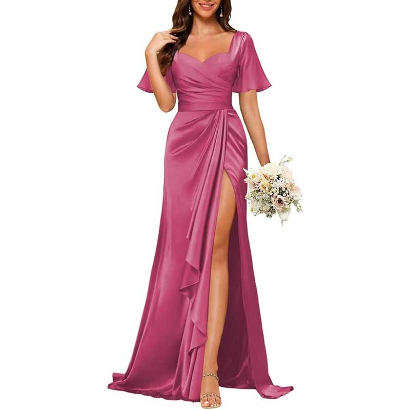 Satin Long Bridesmaid Dresses Short Sleeve Formal Gowns A-Line Prom Dresses