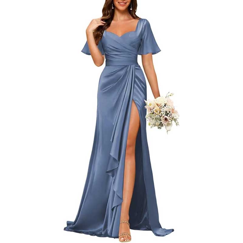Satin Long Bridesmaid Dresses Short Sleeve Formal Gowns A-Line Prom Dresses