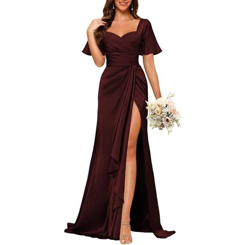 Satin Long Bridesmaid Dresses Short Sleeve Formal Gowns A-Line Prom Dresses