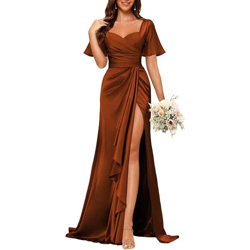 Satin Long Bridesmaid Dresses Short Sleeve Formal Gowns A-Line Prom Dresses