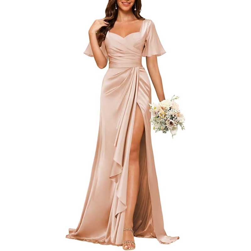 Satin Long Bridesmaid Dresses Short Sleeve Formal Gowns A-Line Prom Dresses
