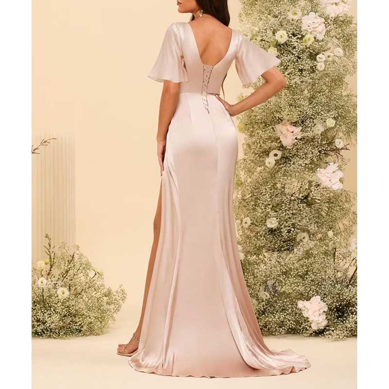 Satin Long Bridesmaid Dresses Short Sleeve Formal Gowns A-Line Prom Dresses